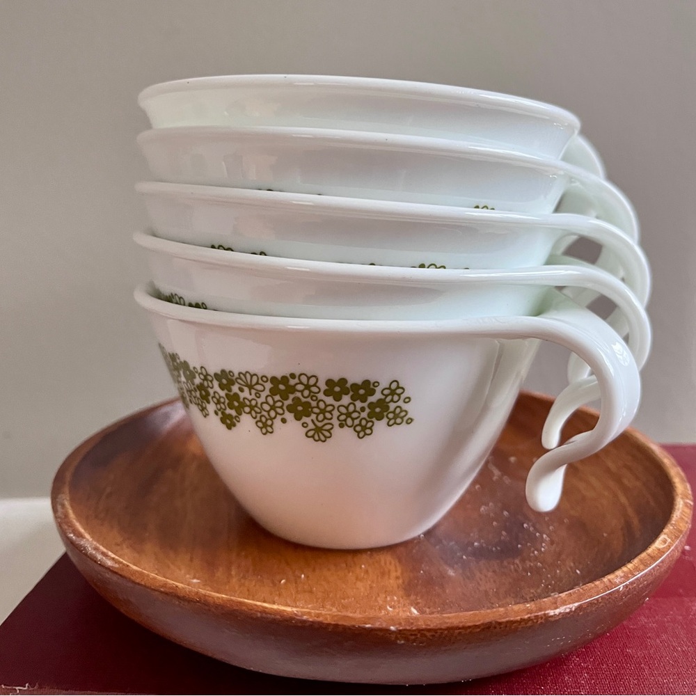 Corelle White Mugs with Olive Green Floral Band - Stack of 4